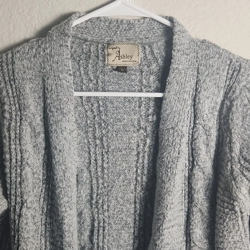 Ashley Womens M Gray Cable-Knit Open Front Cardigan Sweater Long Sleeve Pockets - Picture 4 of 7